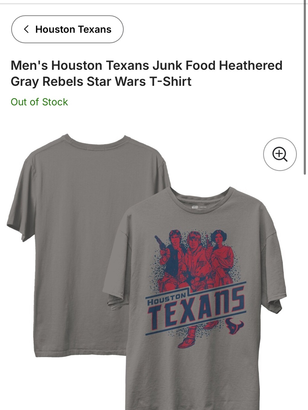NFL Houston Texans Gray Graphic Junk Food Star Wars Tee